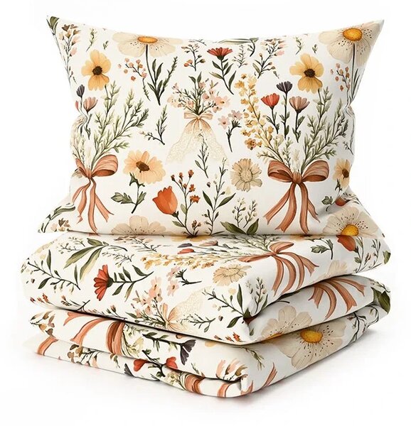 Set krep posteljine FLORAL RIBBON POLY šareno + plahta Jersey 180 x 200 cm svijetlo bež, dvostruko krevet
