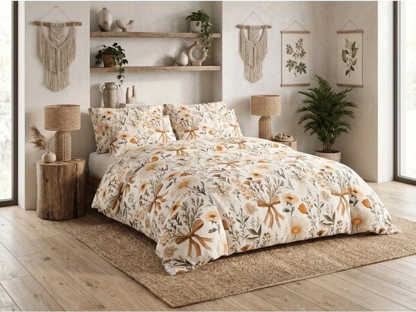 Set krep posteljine FLORAL RIBBON POLY šareno + plahta Jersey 180 x 200 cm svijetlo bež, dvostruko krevet