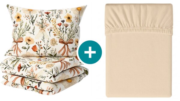 Set krep posteljine FLORAL RIBBON POLY šareno + plahta Jersey 180 x 200 cm svijetlo bež, dvostruko krevet