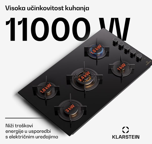 Klarstein Goldflame 5, plinska ploča za kuhanje, samostalna, 5 plamenika, bočna kontrola, plin/propan, staklokeramika, crna