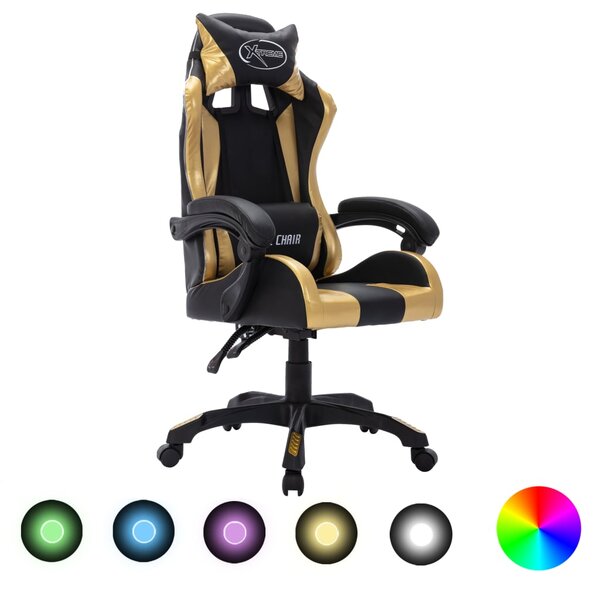 VidaXL Igraća stolica s RGB LED svjetlima zlatno-crna od umjetne kože