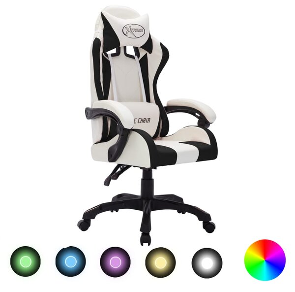 VidaXL Igraća stolica s RGB LED svjetlima bijelo-crna od umjetne kože