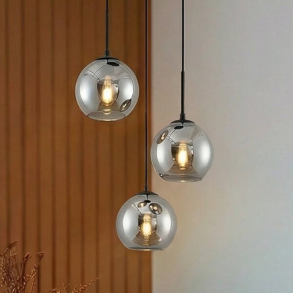 Lindby viseća lampa Jurian, 32 cm, 3 žarulje, crna/dim, staklo, prigušiva, Sivo, Dnevni boravak/blagovaonica, Staklo