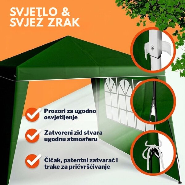 Party šator / paviljon CAPRI PLUS s 2 bočne stranice, 3×3 m, zeleni Casaria