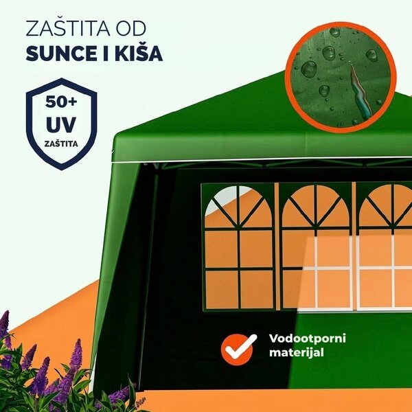 Party šator / paviljon CAPRI PLUS s 2 bočne stranice, 3×3 m, zeleni Casaria