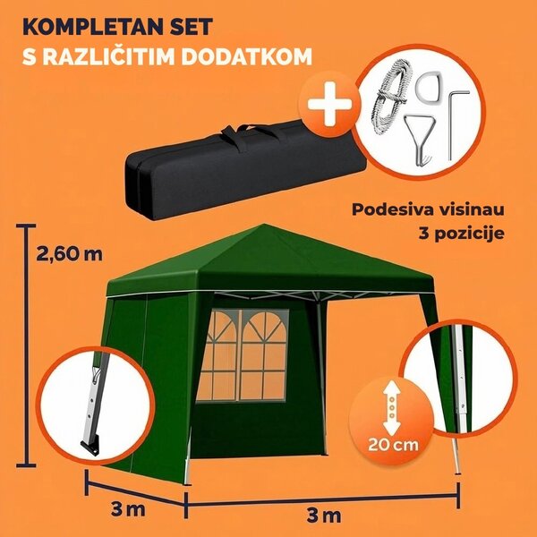 Party šator / paviljon CAPRI PLUS s 2 bočne stranice, 3×3 m, zeleni Casaria