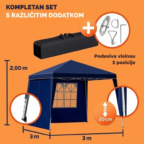 Party šator / paviljon CAPRI PLUS s 2 bočne stranice, 3×3 m, plava Casaria