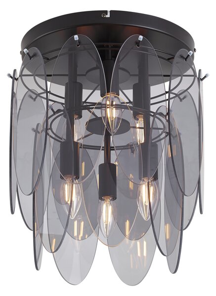 Art Deco plafondlamp zwart met smoke glas ovaal 6-lichts - Mochan