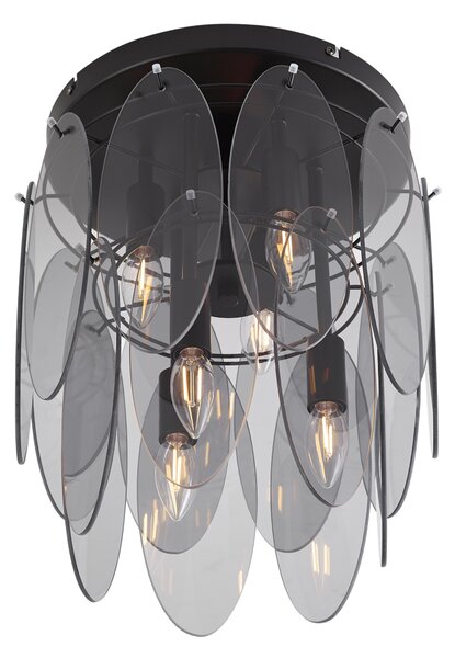 Art Deco plafondlamp zwart met smoke glas ovaal 6-lichts - Mochan