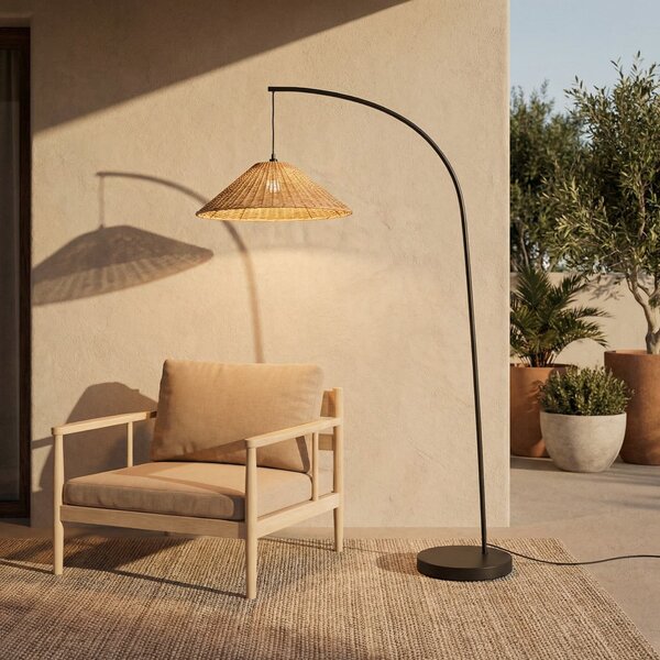 Lucande vanjska podna lampa Taniola, konusna, ratan, 195 cm, IP44, Drvo, Drvo, Stanite zračeći prema dolje