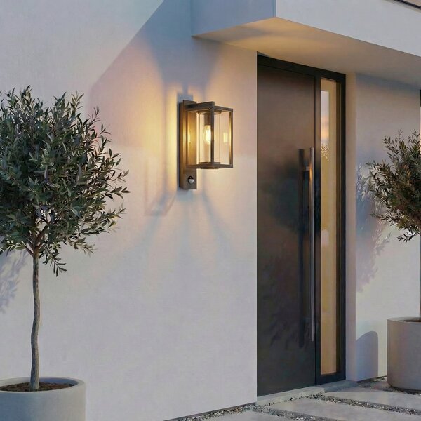 Lucande Ferda vanjska zidna svjetiljka, senzorsko grlo na dnu, antracit, prigušiva, Crno, Aluminij, Zidni kvadrat