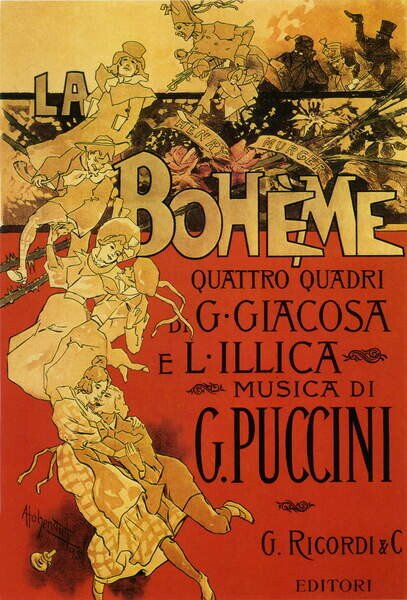 Hohenstein, Adolfo - Reprodukcija umjetnosti Poster by Adolfo Hohenstein for opera La Boheme by Giacomo Puccini, 1895, (26.7 x 40 cm)