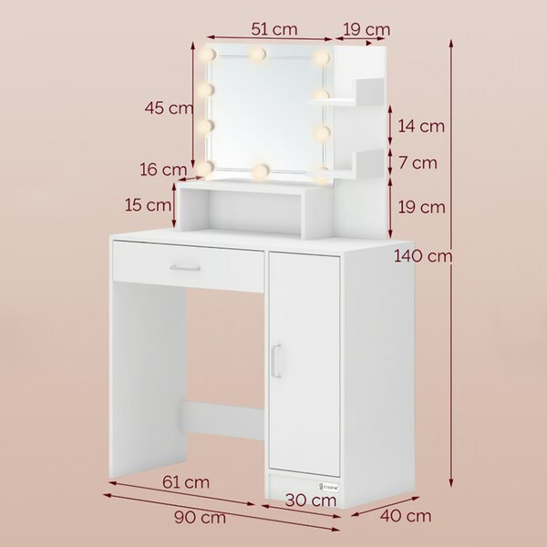 Toaletni stol Jocelyn s LED rasvjetom i stolicom 140 × 90 × 40 cm