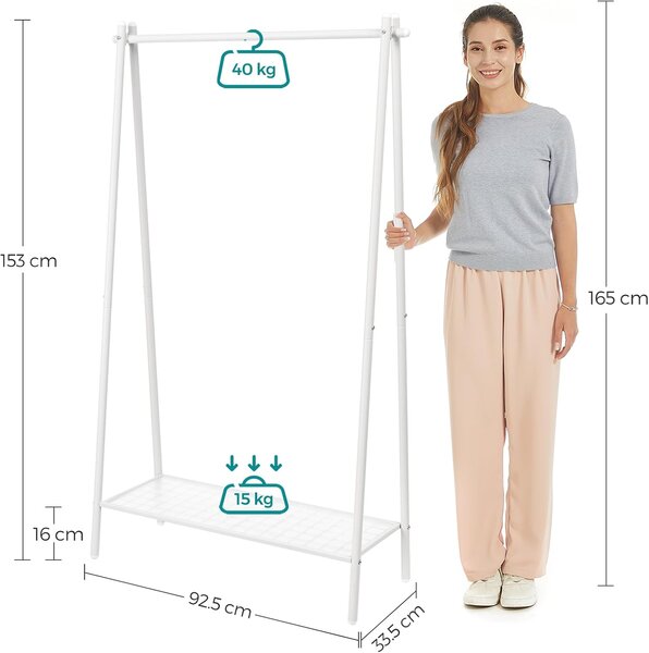 Stalak za odjeću s policom, od čelika, 33,5 x 92,5 x 153 cm, bijeli | SONGMICS