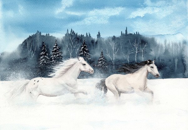 Foto tapeta - Konji u snijegu (147x102 cm)