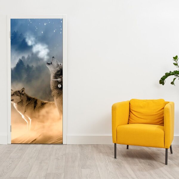 Foto tapeta za vrata - Vukovi koji zavijaju na mjesec (95x205cm)