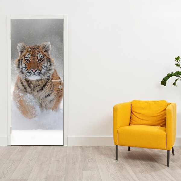 Foto tapeta za vrata - Tigar koji trči po snijegu (95x205cm)
