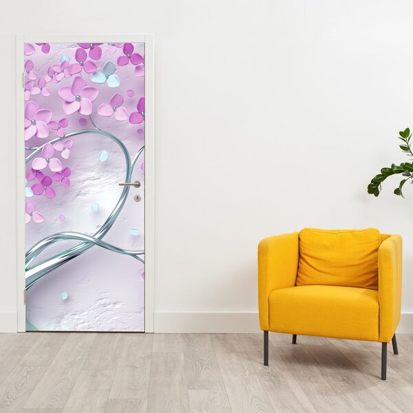 Foto tapeta za vrata - Cvijeće na srebrnom deblu, apstraktno (95x205cm)