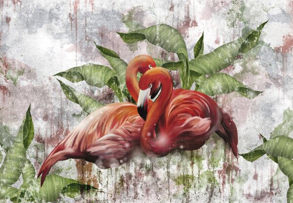 Foto tapeta - Flamingosi na betonskom zidu (147x102 cm)