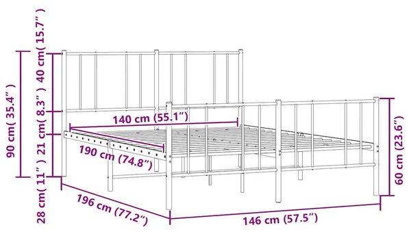 Metalni okvir kreveta uzglavlje i podnožje bijeli 140 x 190 cm - Bijela 140 x 190 cm s uzglavljem i podnožjem