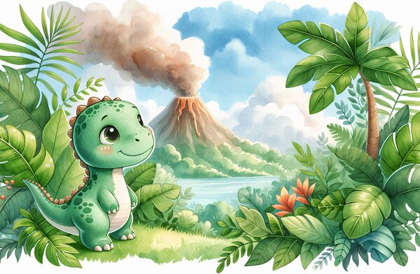 Foto tapeta - Dino i vulkan (147x102 cm)