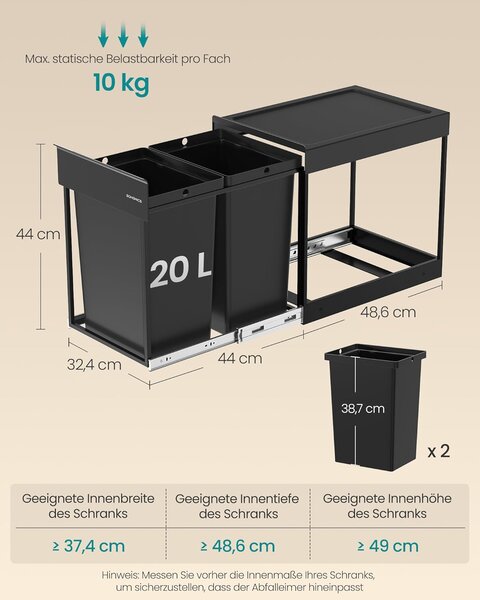 Ugradbena kanta za odvajanje otpada, 2 x 20 L, crna