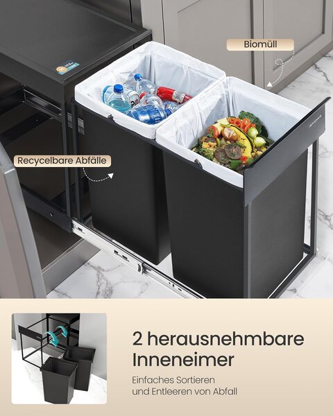 Ugradbena kanta za odvajanje otpada, 2 x 20 L, crna