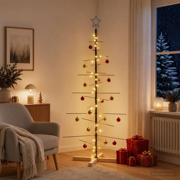 Metalna božićna jelka KUOPIO 150 cm Topla bijela Čelik Crna - 150 cm Crna s LED svjetlima