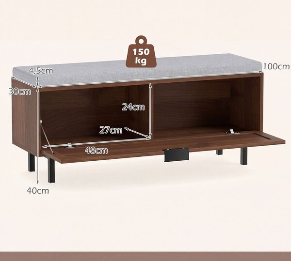 Klupa za cipele s tapeciranim sjedalom, klupa od ratana, nosivost do 100 kg, 100 x 30 x 40 cm, smeđa, bijela