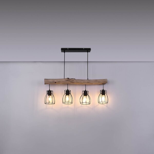 Globo Viseća lampa Mina, dužina 83 cm, crno/smeđa, 4 žarulje., prigušiva, Drvo, Dnevni boravak/blagovaonica, Drvo