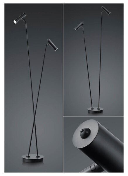 HELL Tom LED podna lampa, 2 žarulje, crna, prigušiva, Crno, Dnevni boravak/blagovaonica, Metal