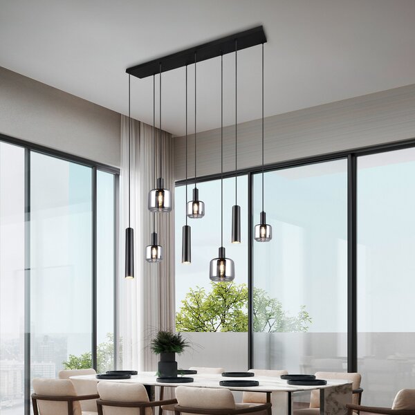 Trio Lighting Mataro viseća lampa, krom/crna, 118 cm, 8 žarulja. Staklo/metal, prigušiva, Crno, Dnevni boravak/blagovaonica, Staklo