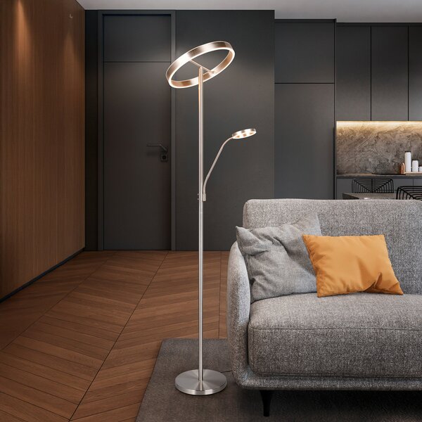 Trio Lighting LED podna lampa Willis, nikal, visina 180 cm, metalni CCT dimer, prigušiva, Metalik, Dnevni boravak/blagovaonica, Metal, Svjetlo za čitanje