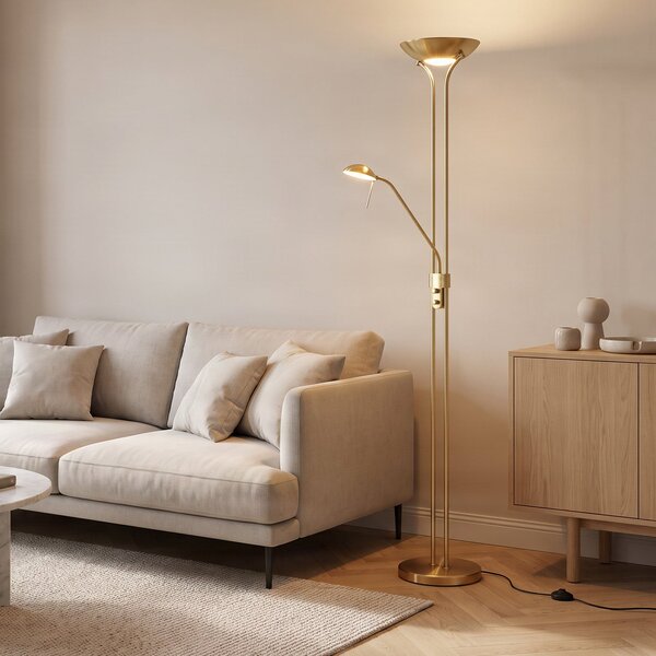 Lindby LED podna lampa Josefin, mesing, svjetlo za čitanje, prigušivanje, prigušiva, Zlato / mjed, Dnevni boravak/blagovaonica, Metal, Svjetlo za čitanje