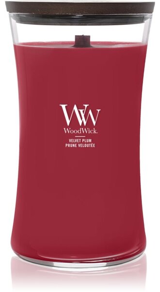 Woodwick Velvet Plum mirisna svijeća s drvenim fitiljem 609 g