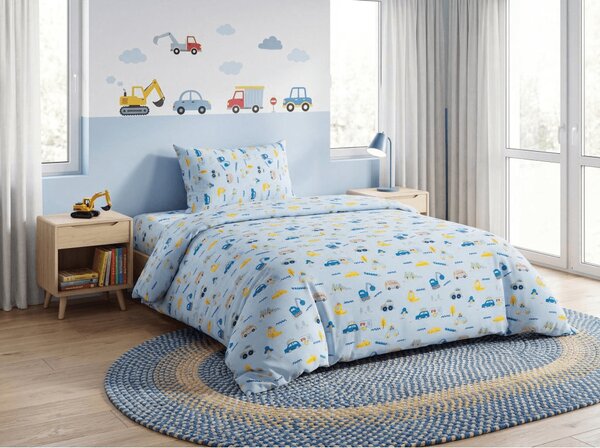 Dječja pamučna posteljina MINI TRUCKS plava, 100% pamuk Dimenzije posteljine: 70 x 90 cm | 140 x 200 cm