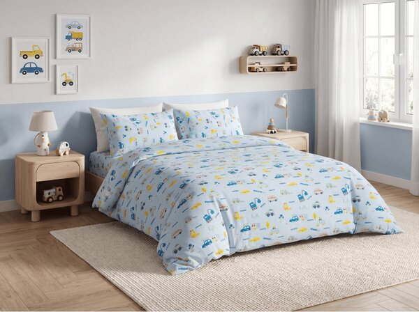 Dječja pamučna posteljina MINI TRUCKS plava, 100% pamuk Dimenzije posteljine: 70 x 90 cm | 140 x 200 cm