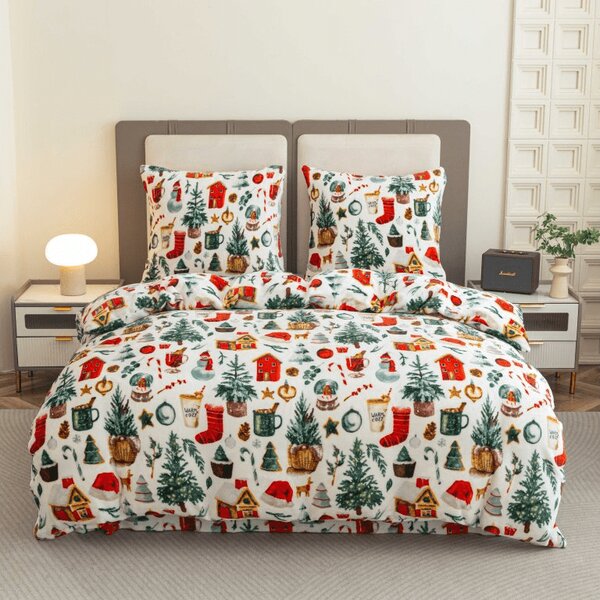Set posteljine od mikropliša FESTIVE MAGIC bijelo + plahta od mikropliša SOFT 180x200 cm bijelo, dvokrevetno