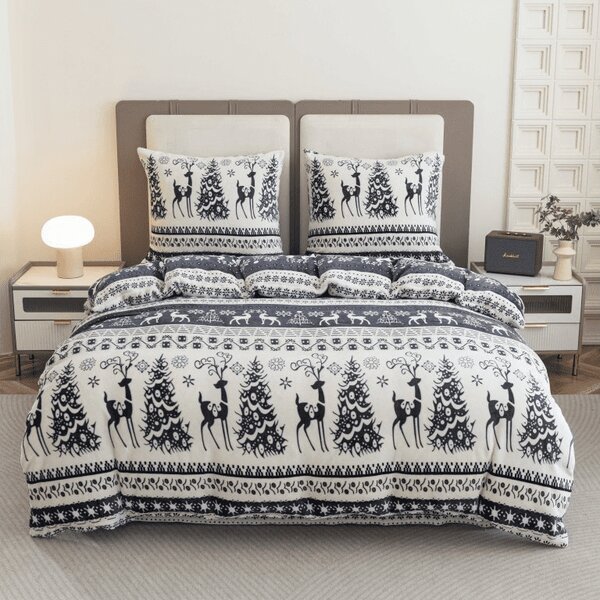 Set posteljina mikropliš WINTER DEER siva + plahta od mikroplyša SOFT 90x200 cm bijela, jednokrevetna