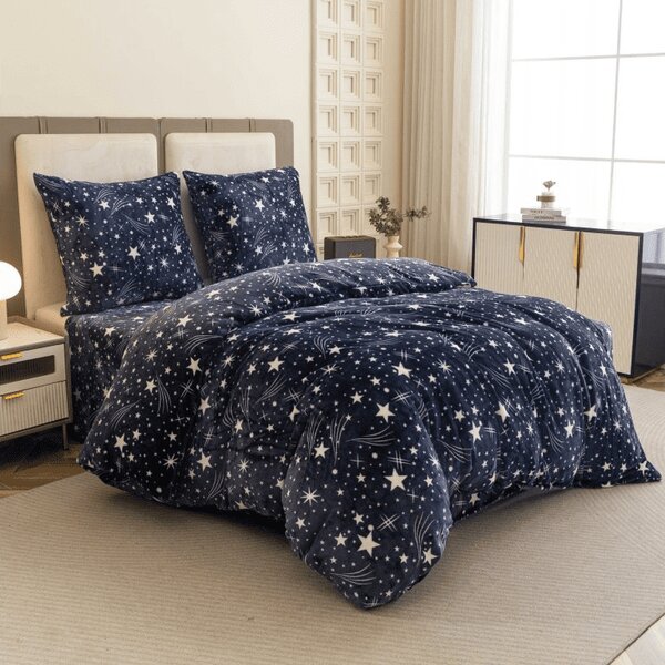 Set posteljine mikropliš STARLIGHT tamnoplavo + plahta od mikroplyša SOFT 90x200 cm bijela, za jedan krevet