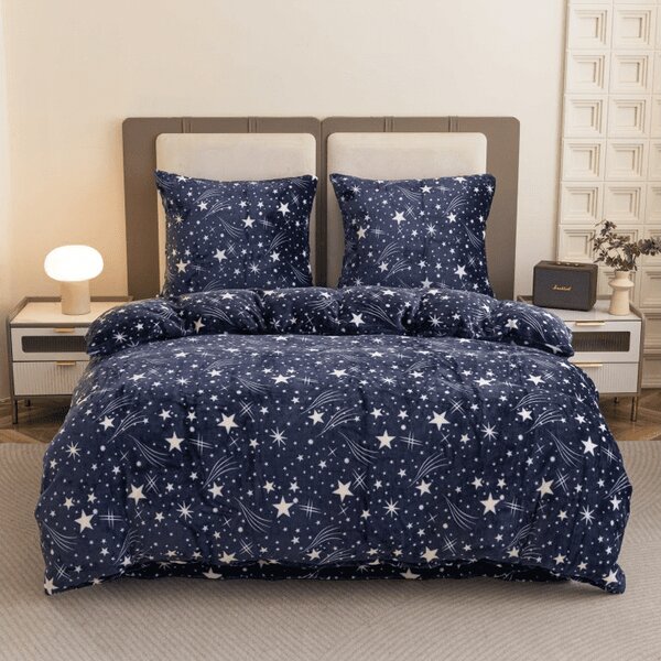 Set posteljine mikropliš STARLIGHT tamnoplavo + plahta od mikroplyša SOFT 90x200 cm bijela, za jedan krevet