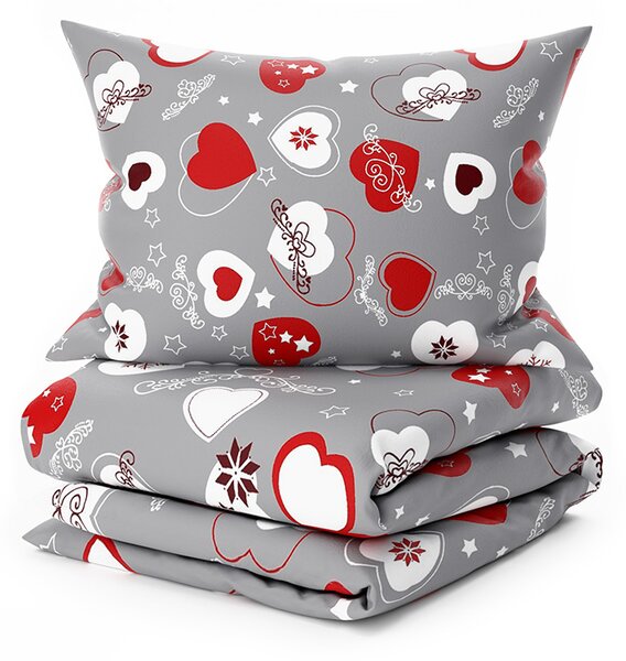 Set posteljina mikropliš CHRISTMAS HEART siva + plahta od mikroplyša SOFT 180x200 cm bijela, dvokrevetna
