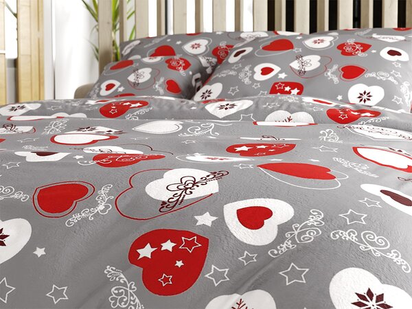 Set posteljina mikropliš CHRISTMAS HEART siva + plahta od mikroplyša SOFT 180x200 cm bijela, dvokrevetna