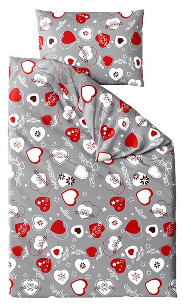 Set posteljina mikropliš CHRISTMAS HEART siva + plahta od mikroplyša SOFT 180x200 cm bijela, dvokrevetna