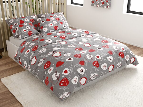 Set posteljina mikropliš CHRISTMAS HEART siva + plahta od mikroplyša SOFT 180x200 cm bijela, dvokrevetna