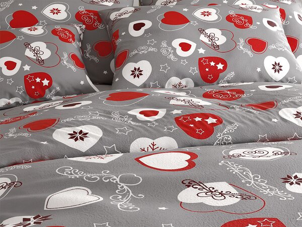 Set posteljina mikropliš CHRISTMAS HEART siva + plahta od mikroplyša SOFT 180x200 cm bijela, dvokrevetna