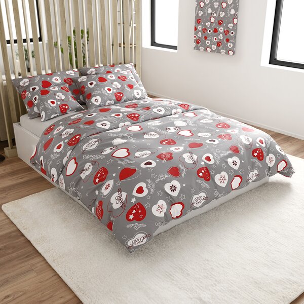 Set posteljina mikropliš CHRISTMAS HEART siva + plahta od mikroplyša SOFT 180x200 cm bijela, dvokrevetna