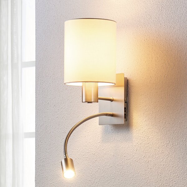 Lindby zidna lampa Shajan, 29 cm, tekstil, E27, LED svjetlo za čitanje, Bijela, Dnevni boravak/blagovaonica, Tkanina / tekstil