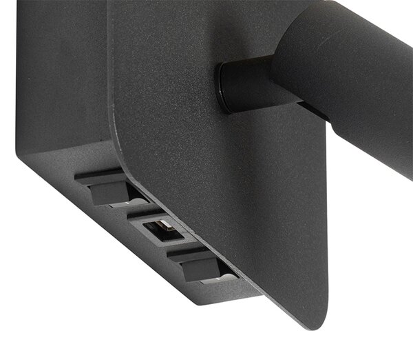 Zidna svjetiljka crna uključujući LED s USB-om i lampom za čitanje s prekidačem - Robin