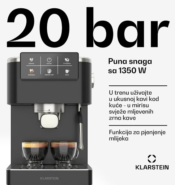 Klarstein SteelPresso Touch aparat za kavu s portafilterom, Zaslon osjetljiv na dodir, 20 bar, Nehrđajući čelik